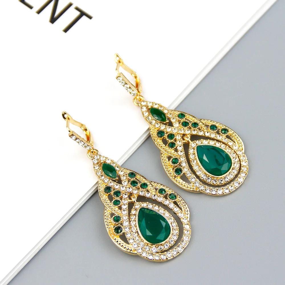 Chic Moroccan Full Crystal Drop Earrings | 18K Gold Color Palace Banquet & Bridal Wedding Jewelry