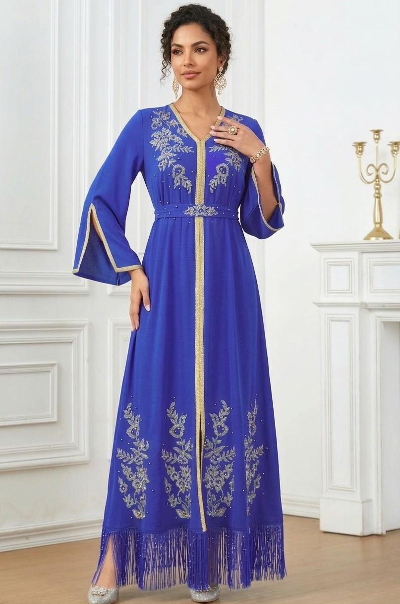 Handmade Moroccan Embroidered Kaftan Dress – Beaded Long Sleeve Ethnic Party Abaya