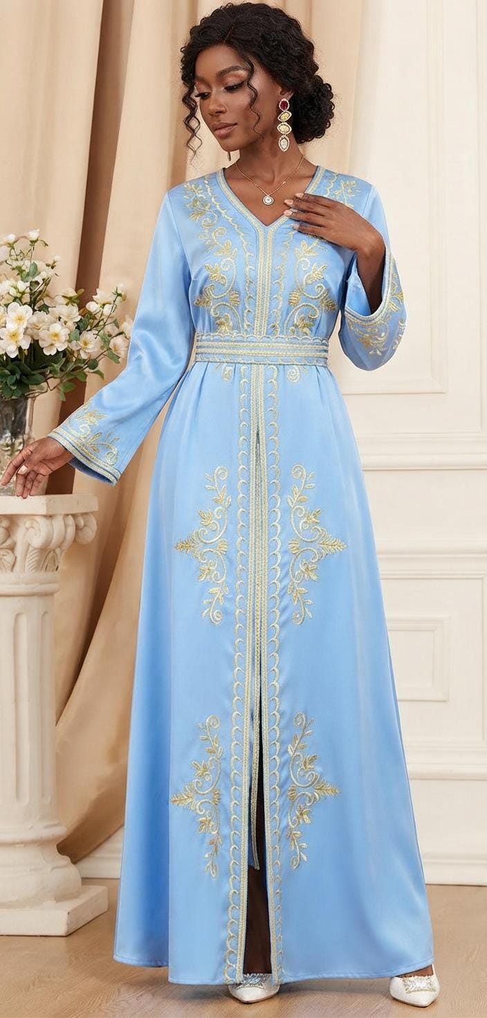 Handmade Moroccan Kaftan Dress Set – Two-Piece Satin Maxi with Gold Embroidery