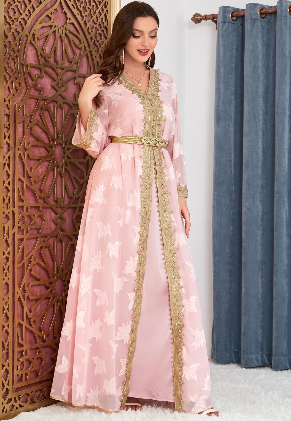 Elegant Moroccan Gold Embroidered Kaftan Abaya – Two-Piece Long Sleeve Maxi Dress with Inner Slip
