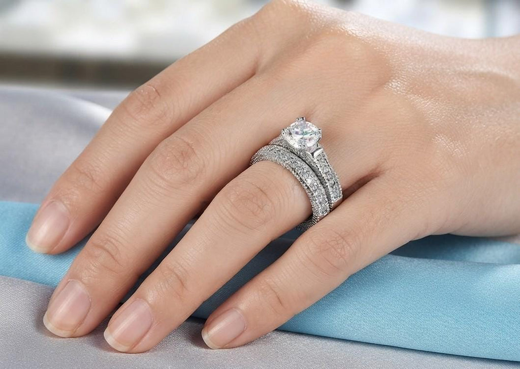 Sterling Silver Couple Rings Set: Engagement Wedding Anniversary Bands with Cubic Zirconia
