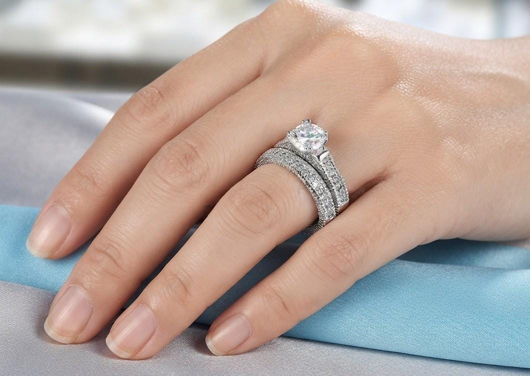 Sterling Silver Couple Rings Set: Engagement Wedding Anniversary Bands with Cubic Zirconia