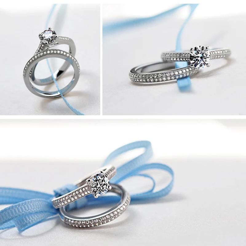 Vintage 925 Sterling Silver Halo Wedding Ring Set – Zircon Side Stones, Geometric Design