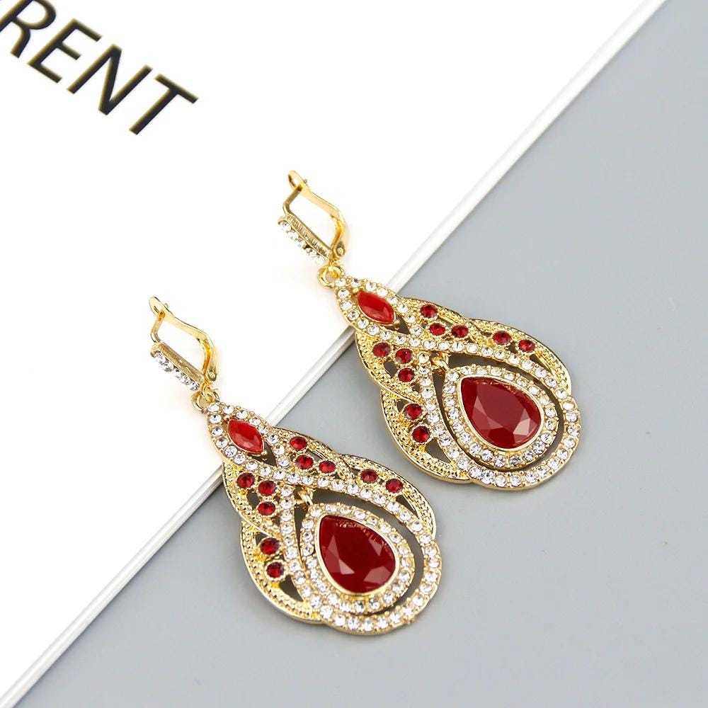 Chic Moroccan Full Crystal Drop Earrings | 18K Gold Color Palace Banquet & Bridal Wedding Jewelry