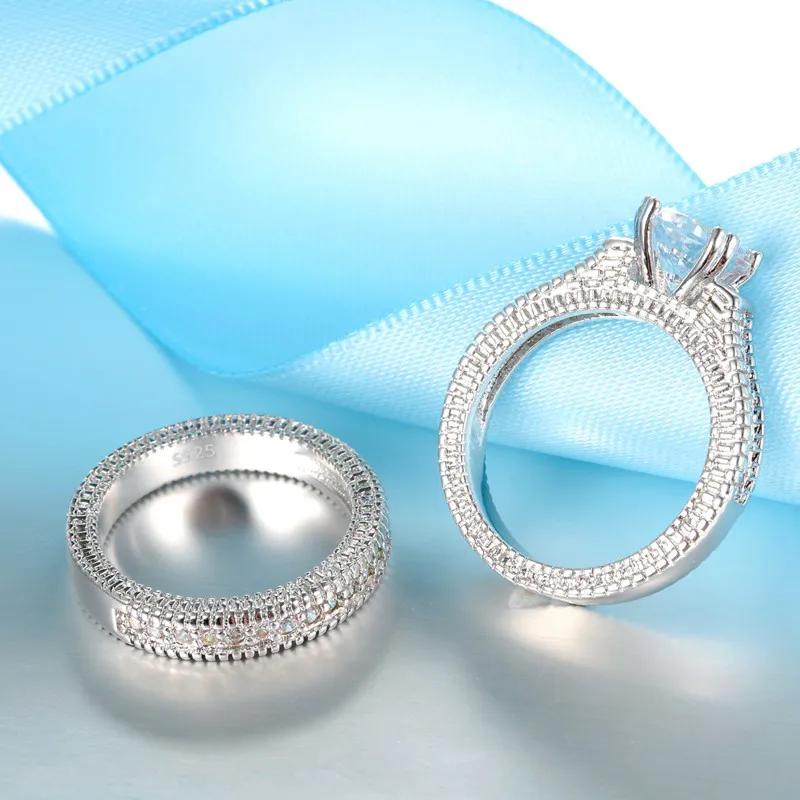 Sterling Silver Couple Rings Set: Engagement Wedding Anniversary Bands with Cubic Zirconia