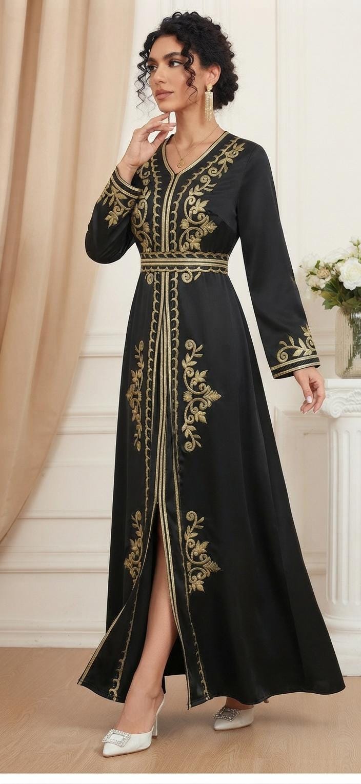Handmade Moroccan Kaftan Dress Set – Two-Piece Satin Maxi with Gold Embroidery