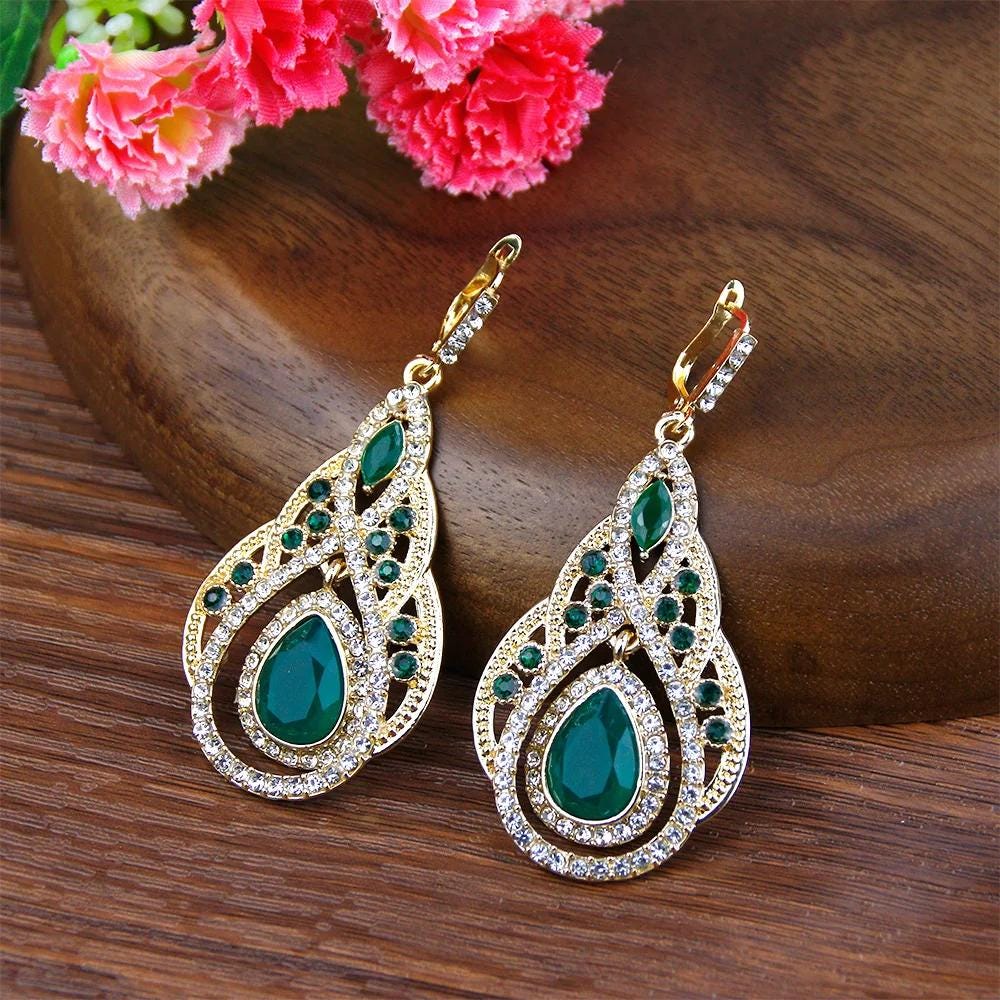 Chic Moroccan Full Crystal Drop Earrings | 18K Gold Color Palace Banquet & Bridal Wedding Jewelry