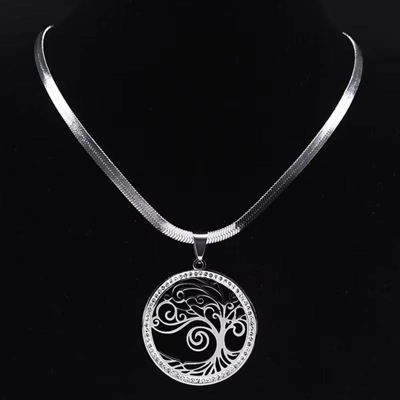 Tree of Life Crystal Choker Necklace: Gold Stainless Steel Pendant Jewelry