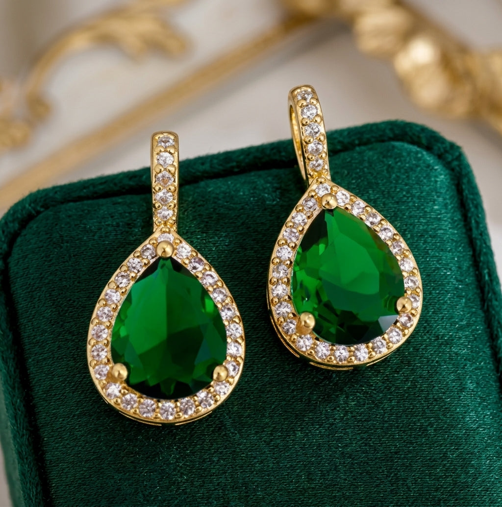 Emerald Green Zircon Teardrop Earrings – Gold Plated 925 Silver Earrings for Women