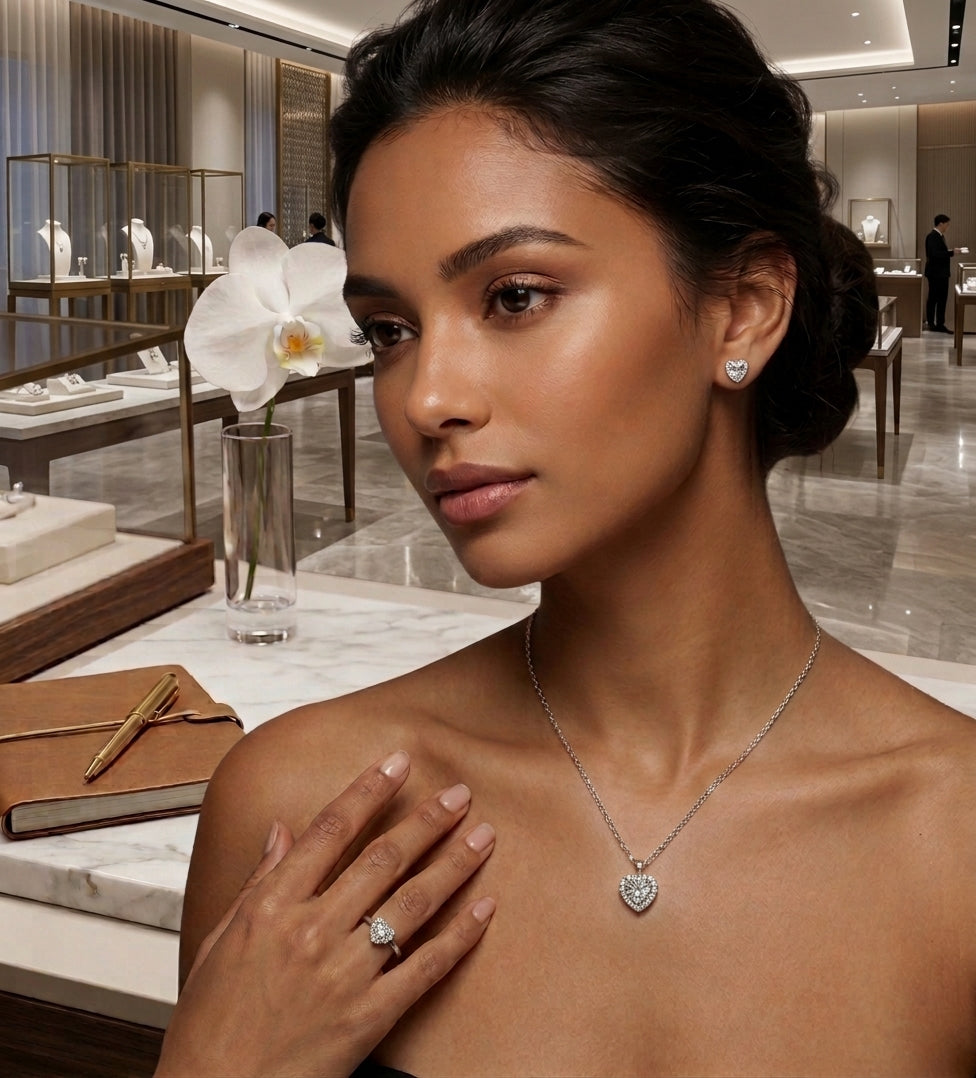 Silver Heart Zircon Jewelry Set – Necklace, Earrings & Ring for Women