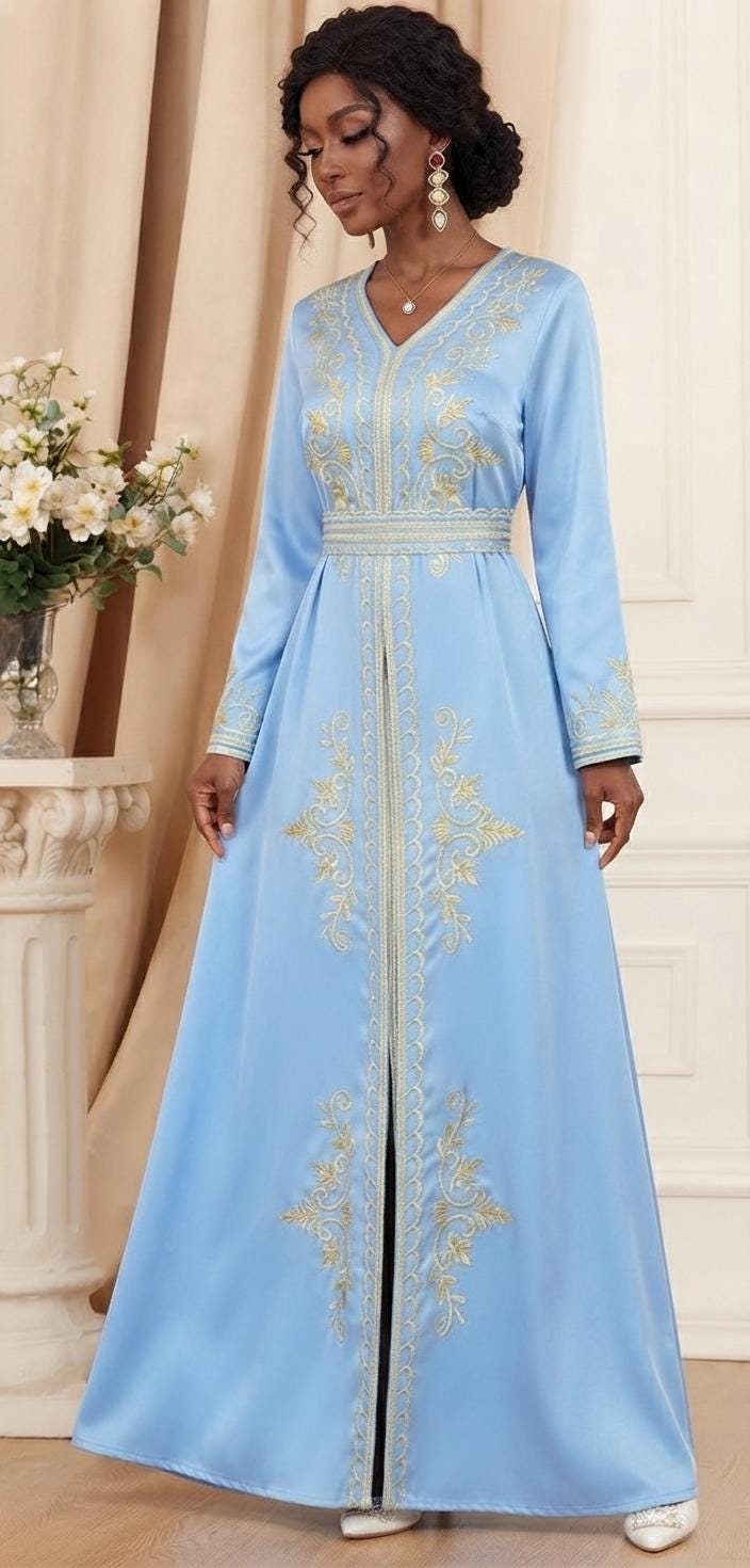Handmade Moroccan Kaftan Dress Set – Two-Piece Satin Maxi with Gold Embroidery
