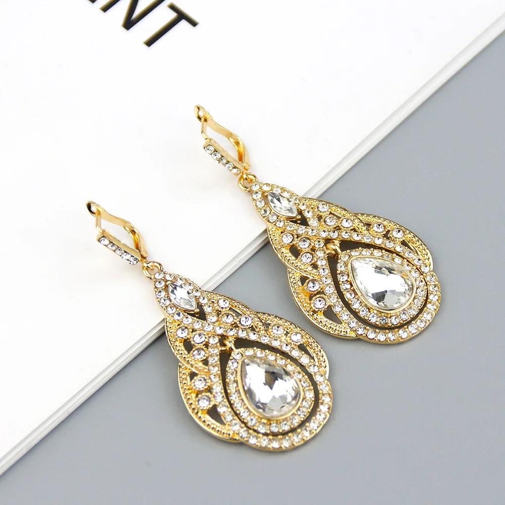 Chic Moroccan Full Crystal Drop Earrings | 18K Gold Color Palace Banquet & Bridal Wedding Jewelry
