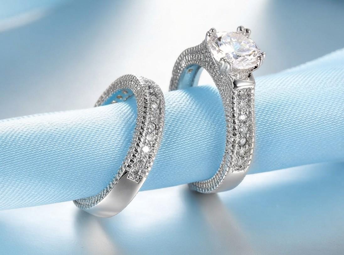Sterling Silver Couple Rings Set: Engagement Wedding Anniversary Bands with Cubic Zirconia