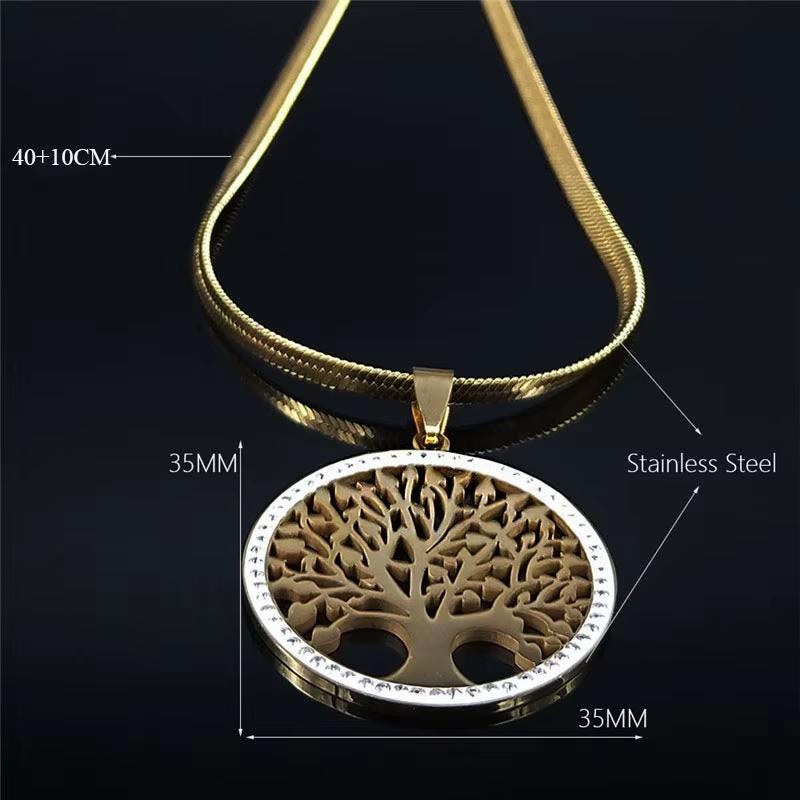 Tree of Life Crystal Choker Necklace: Gold Stainless Steel Pendant Jewelry