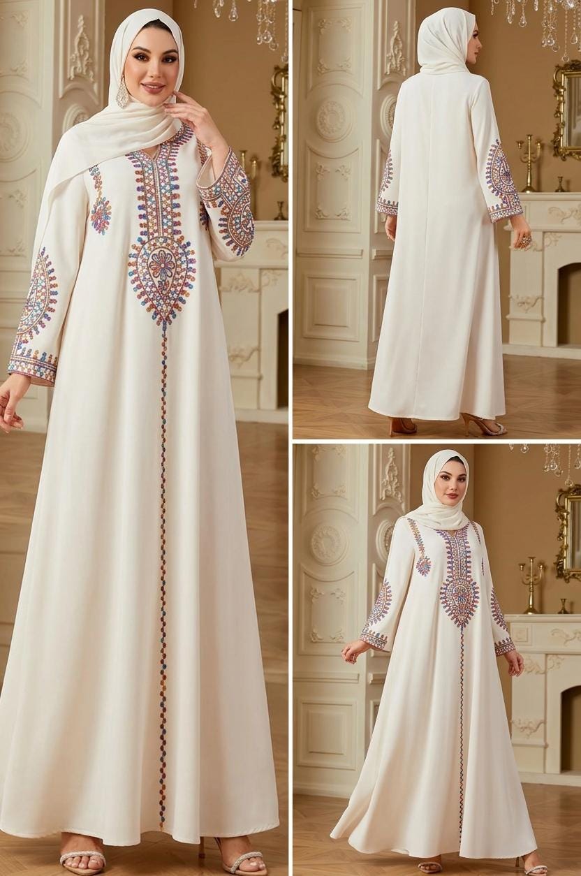 Handmade Women's Ethnic Embroidered Sequin Maxi Dress – Loose-Fit Muslim Kaftan Abaya Gown