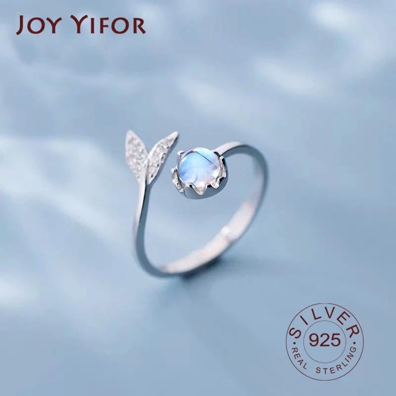 925 Sterling Silver Mermaid Tail Moonstone Adjustable Ring, Elegant Ocean Jewelry