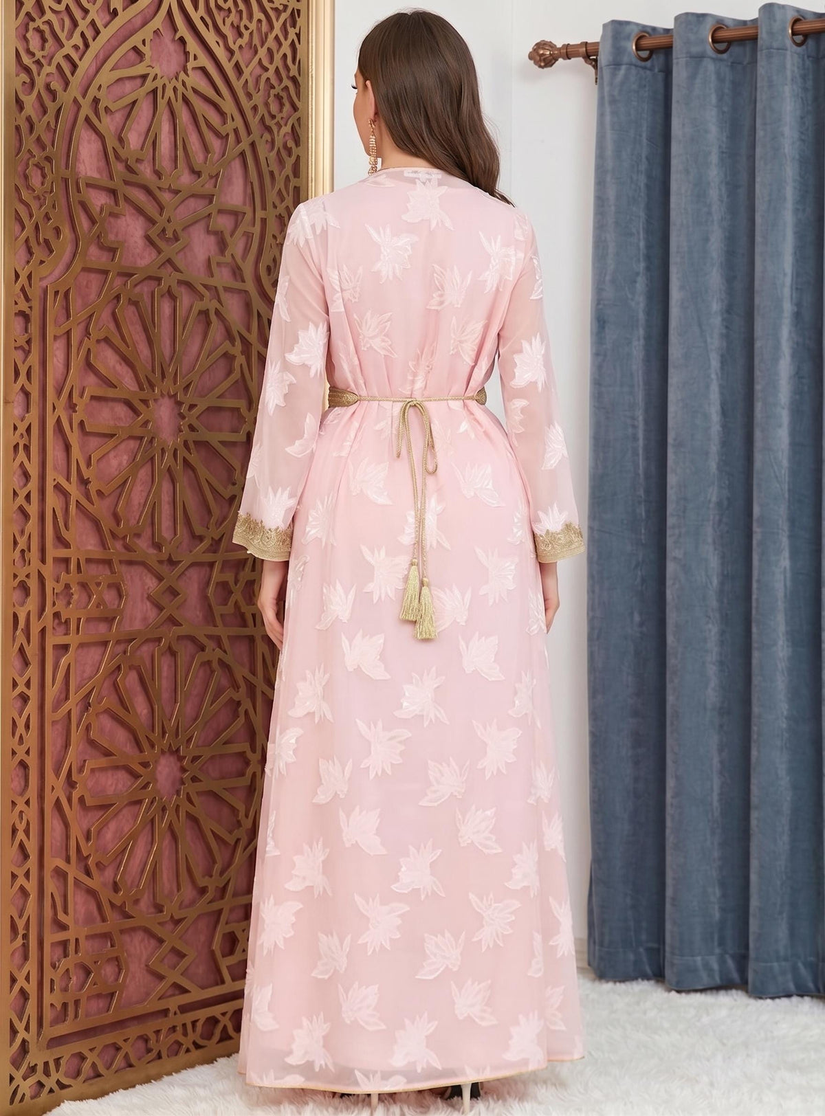 Elegant Moroccan Gold Embroidered Kaftan Abaya – Two-Piece Long Sleeve Maxi Dress with Inner Slip