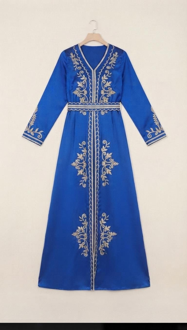 Handmade Moroccan Kaftan Dress Set – Two-Piece Satin Maxi with Gold Embroidery