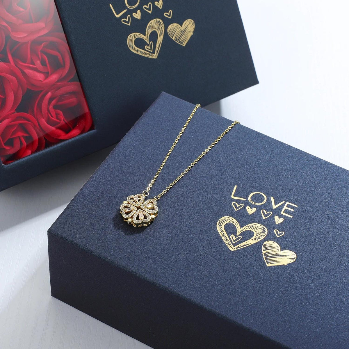 Preserved Rose Box with Magnetic Clover & Heart Pendant | Romantic Dainty Gold Gift for Her