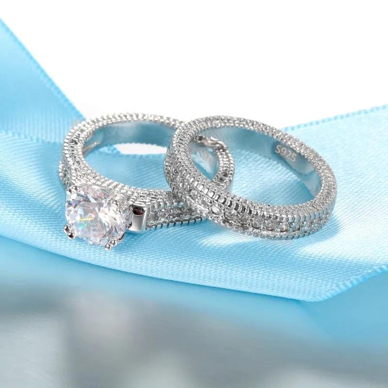 Sterling Silver Couple Rings Set: Engagement Wedding Anniversary Bands with Cubic Zirconia