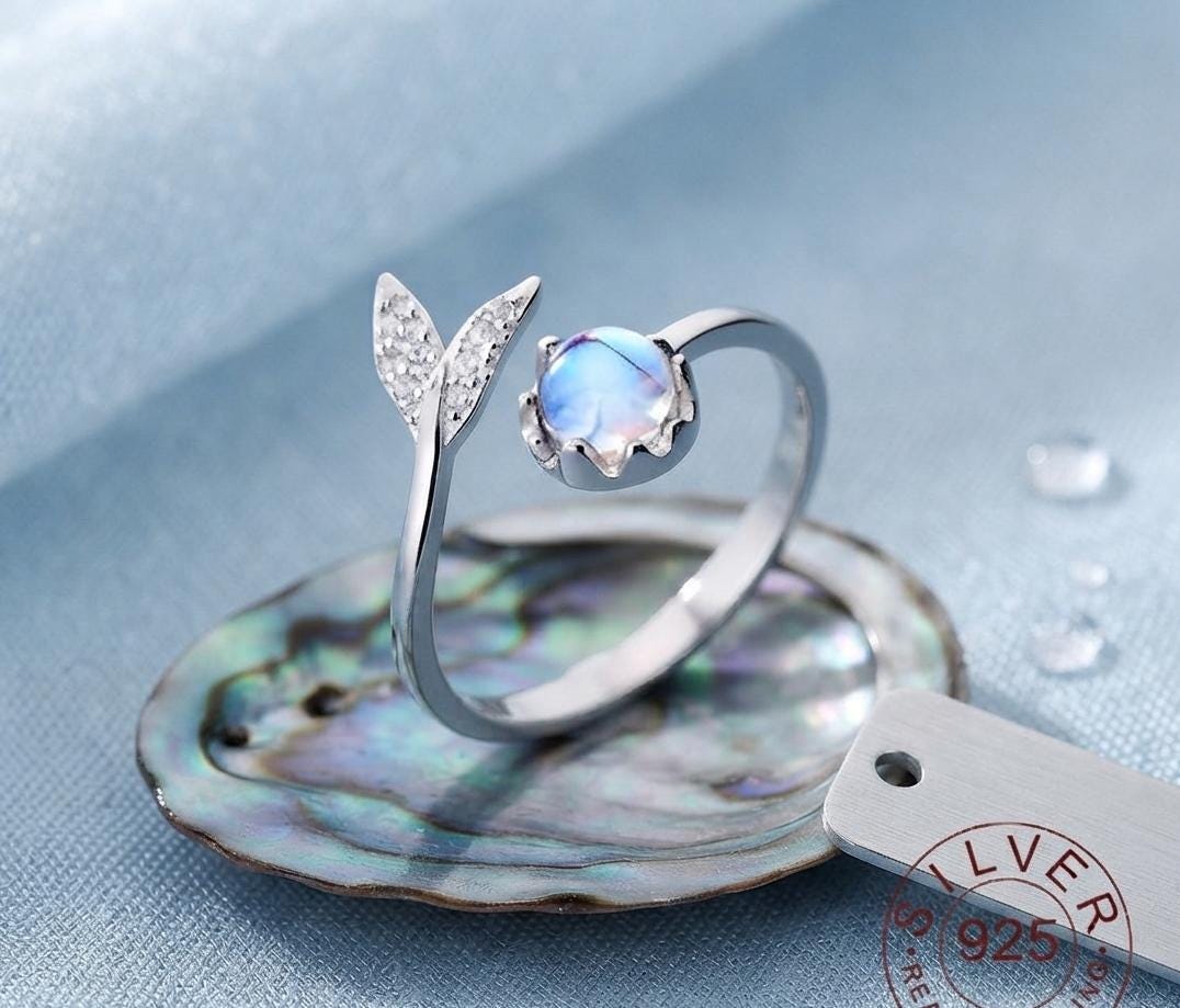 925 Sterling Silver Mermaid Tail Moonstone Adjustable Ring, Elegant Ocean Jewelry