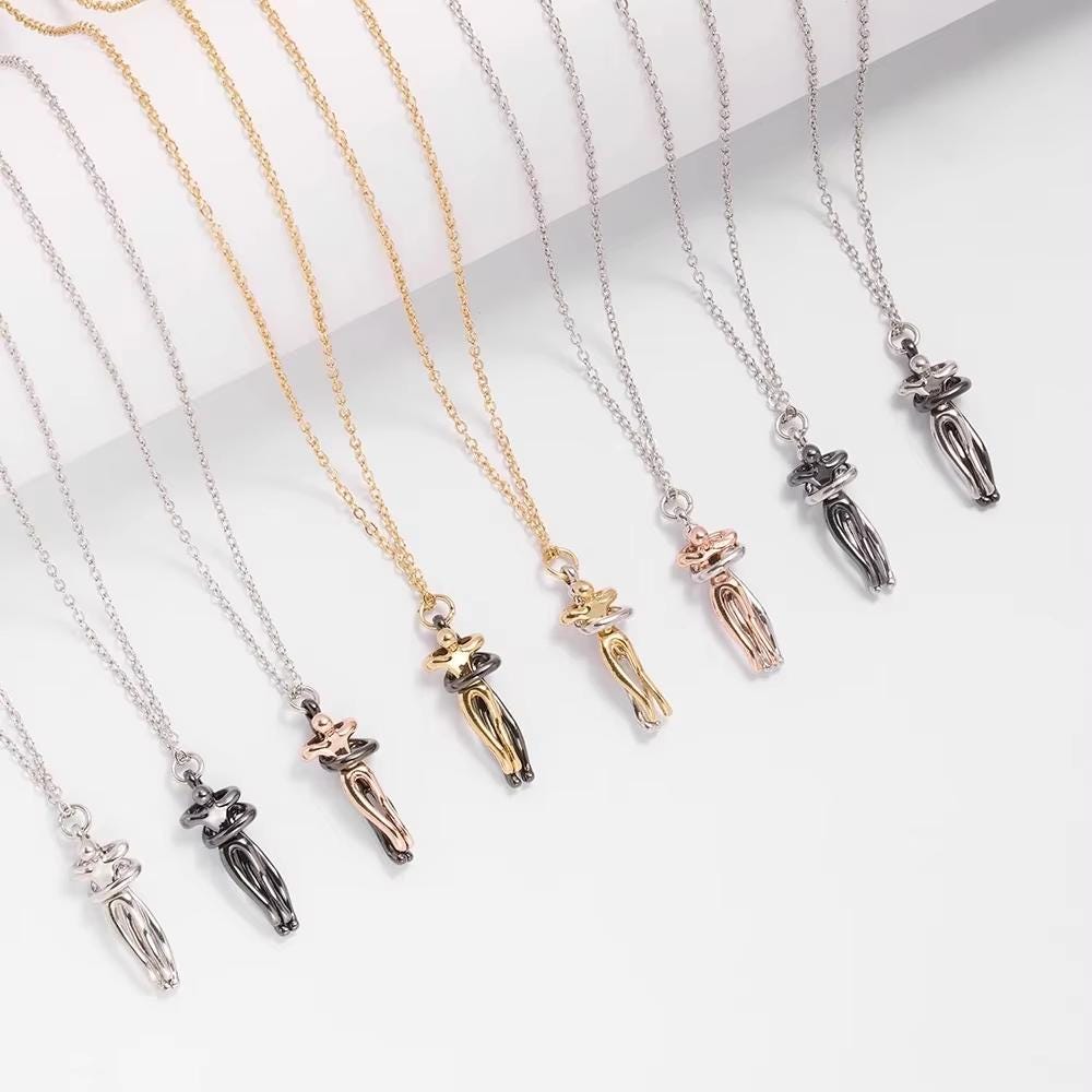 Hugging Couple Pendant Necklace | Romantic Silver and Gold Tone Chain