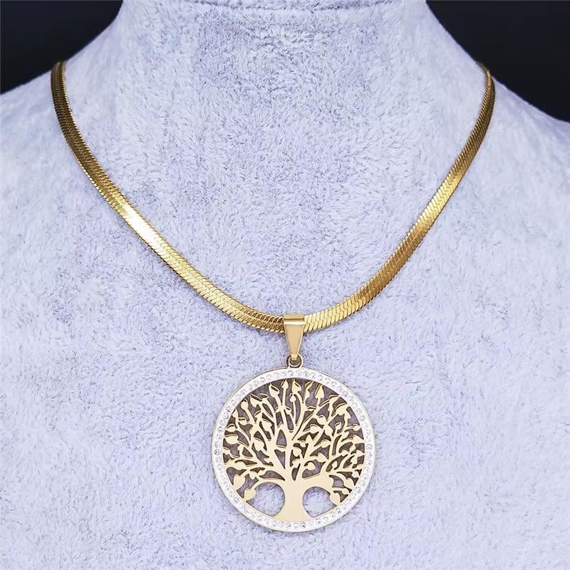 Tree of Life Crystal Choker Necklace: Gold Stainless Steel Pendant Jewelry