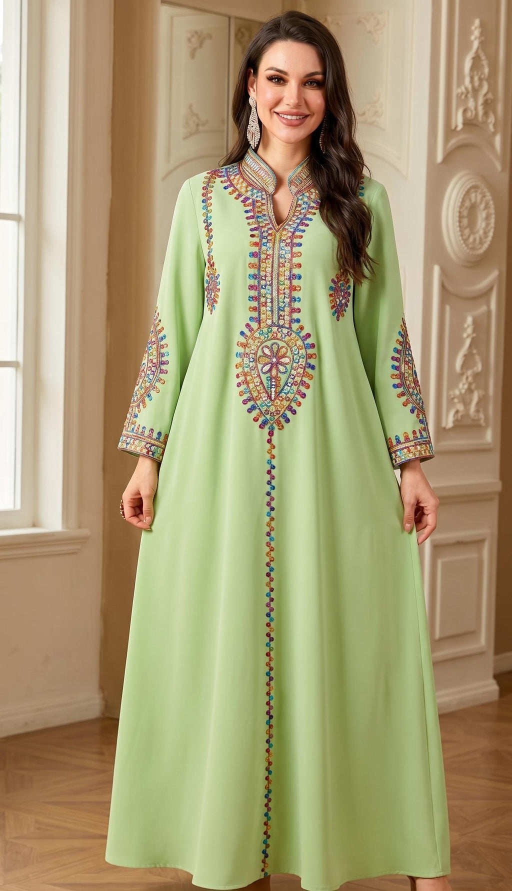 Handmade Women's Ethnic Embroidered Sequin Maxi Dress – Loose-Fit Muslim Kaftan Abaya Gown