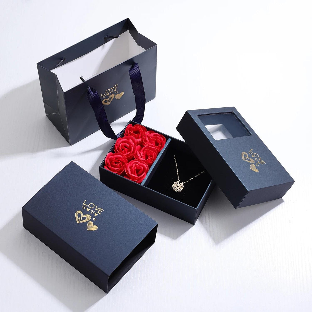 Preserved Rose Box with Magnetic Clover & Heart Pendant | Romantic Dainty Gold Gift for Her