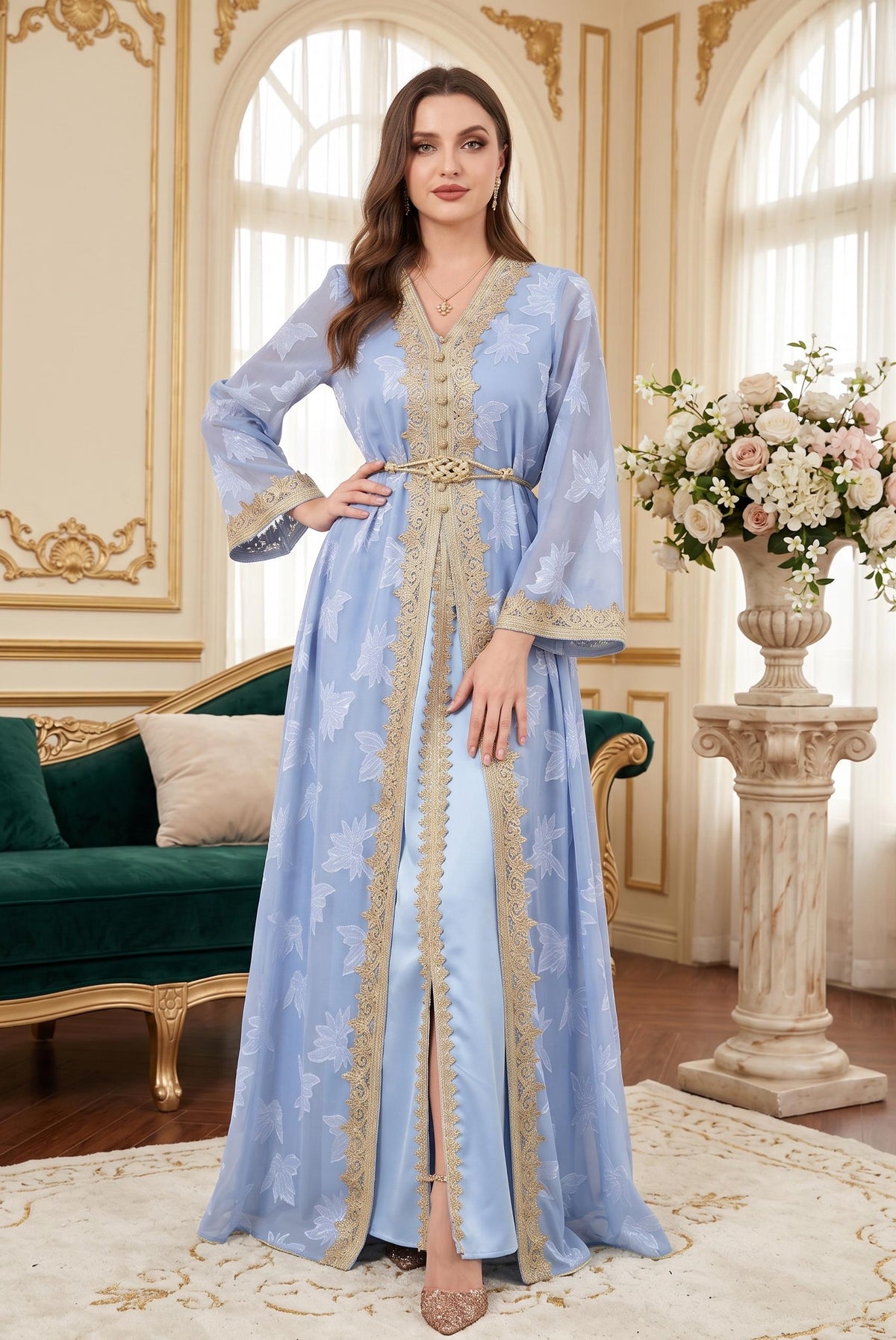 Elegant Moroccan Gold Embroidered Kaftan Abaya – Two-Piece Long Sleeve Maxi Dress with Inner Slip