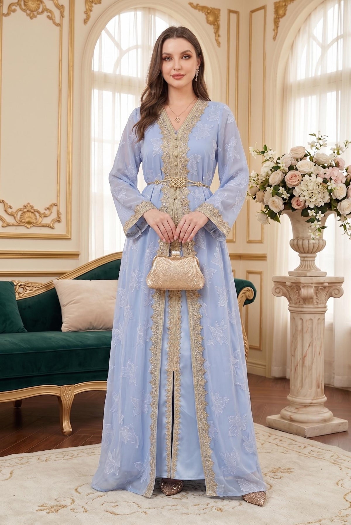 Elegant Moroccan Gold Embroidered Kaftan Abaya – Two-Piece Long Sleeve Maxi Dress with Inner Slip