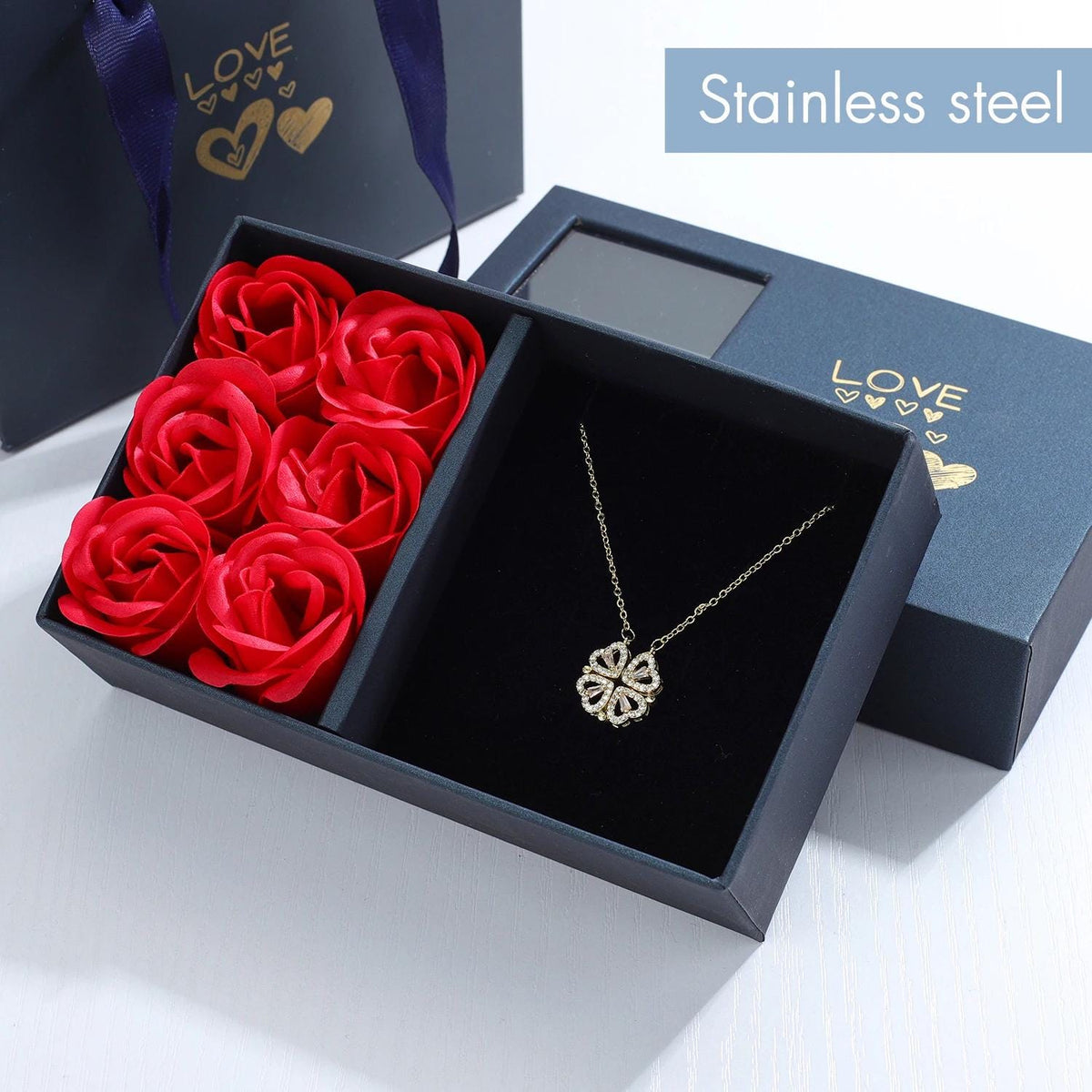 Preserved Rose Box with Magnetic Clover & Heart Pendant | Romantic Dainty Gold Gift for Her