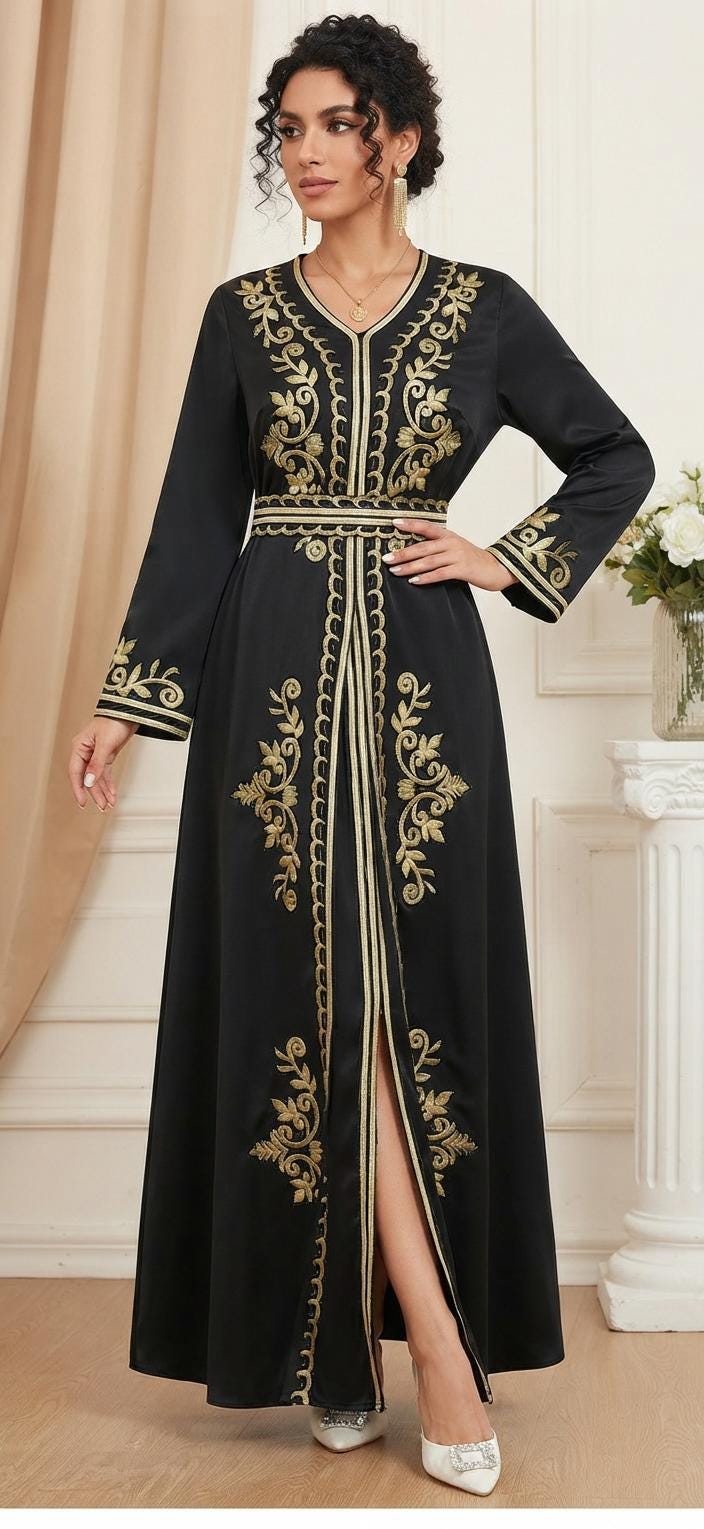 Handmade Moroccan Kaftan Dress Set – Two-Piece Satin Maxi with Gold Embroidery