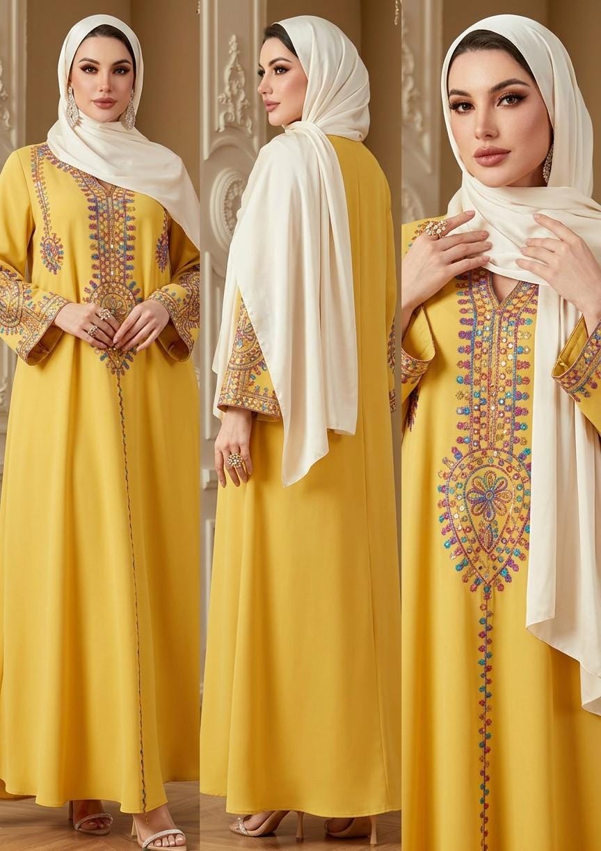 Handmade Women's Ethnic Embroidered Sequin Maxi Dress – Loose-Fit Muslim Kaftan Abaya Gown