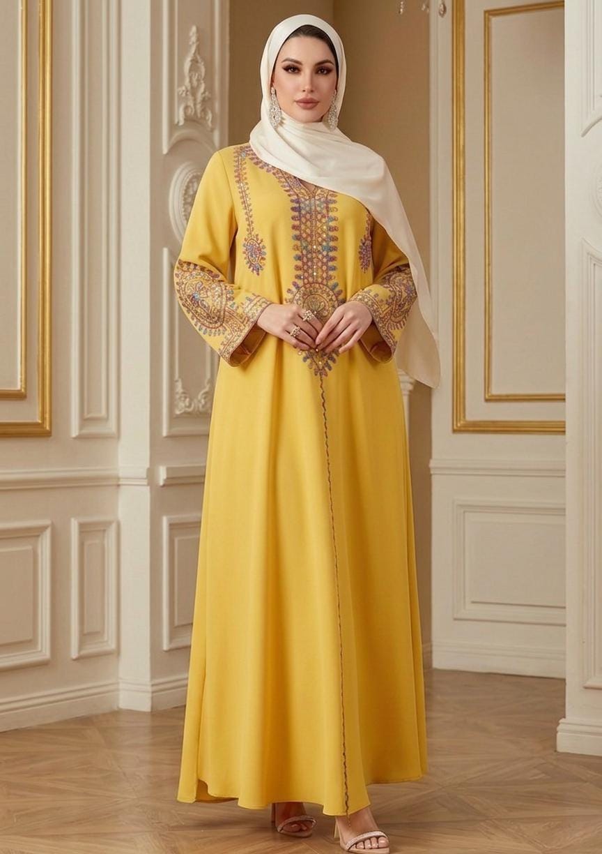 Handmade Women's Ethnic Embroidered Sequin Maxi Dress – Loose-Fit Muslim Kaftan Abaya Gown