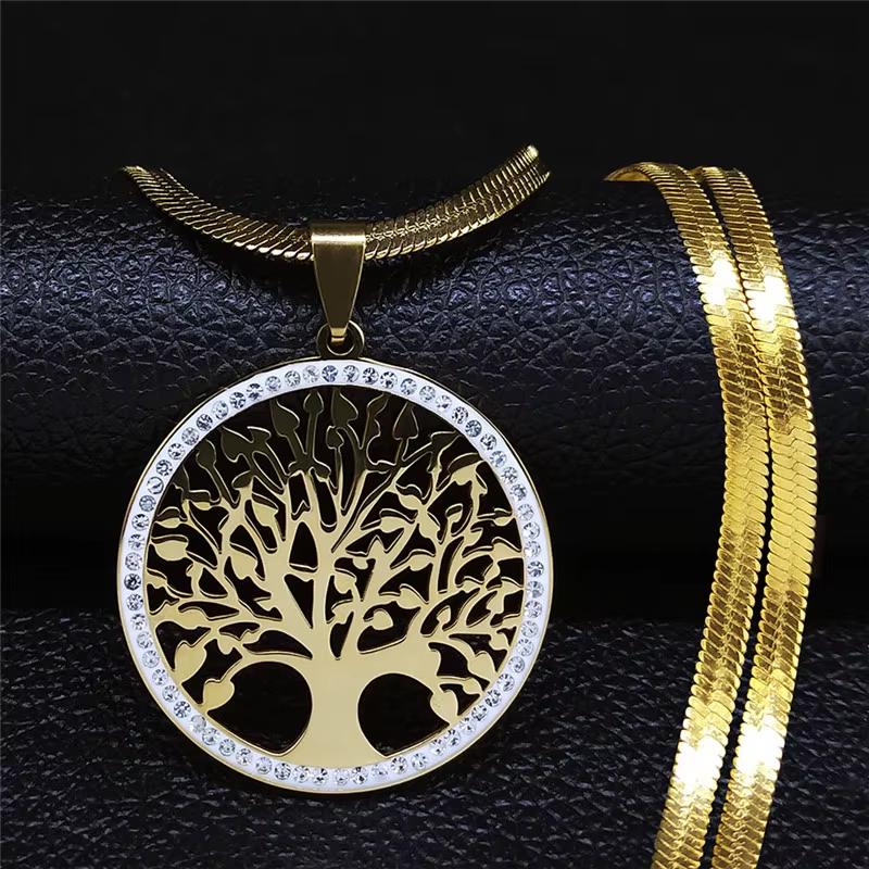 Tree of Life Crystal Choker Necklace: Gold Stainless Steel Pendant Jewelry