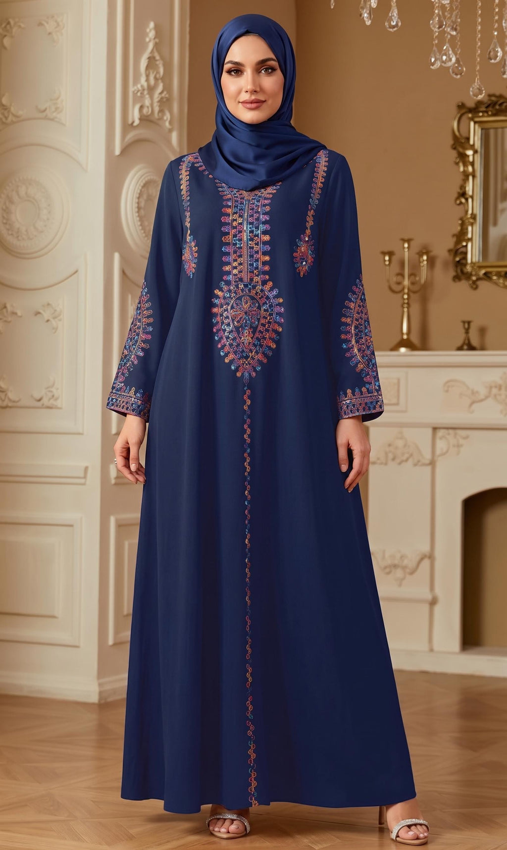 Handmade Women's Ethnic Embroidered Sequin Maxi Dress – Loose-Fit Muslim Kaftan Abaya Gown