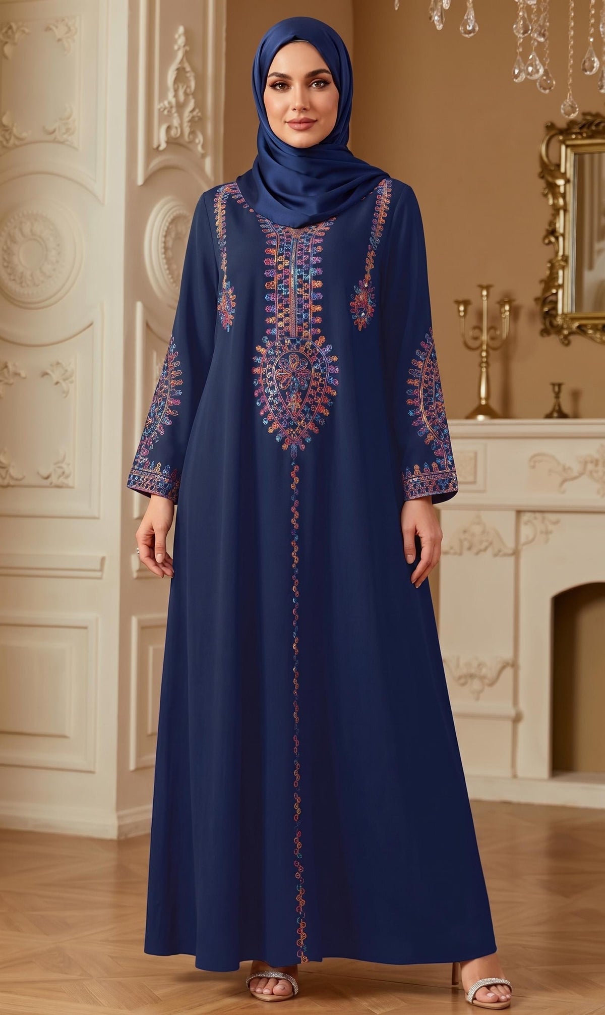 Handmade Women's Ethnic Embroidered Sequin Maxi Dress – Loose-Fit Muslim Kaftan Abaya Gown