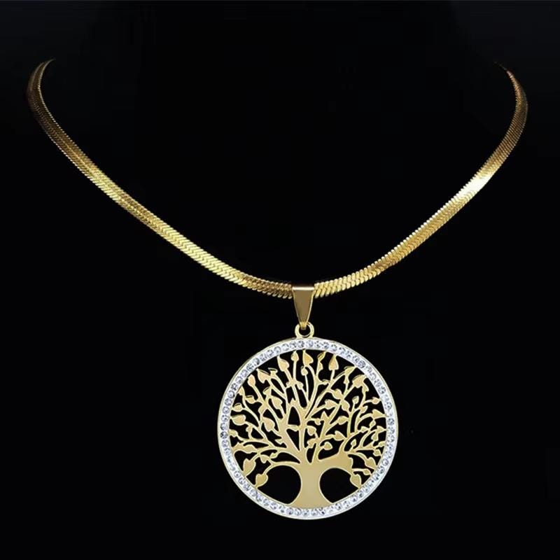 Tree of Life Crystal Choker Necklace: Gold Stainless Steel Pendant Jewelry