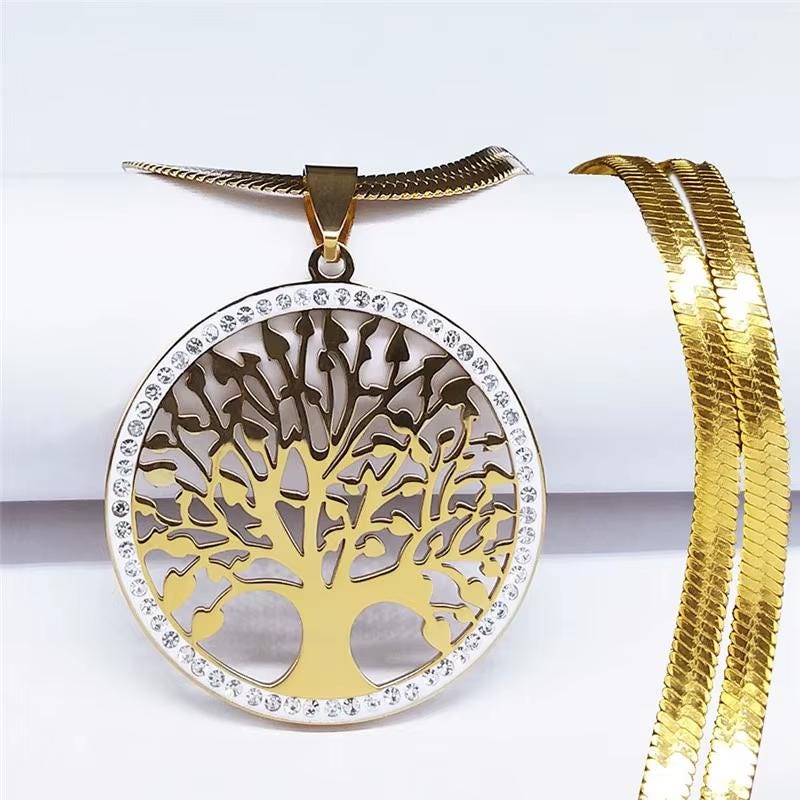Tree of Life Crystal Choker Necklace: Gold Stainless Steel Pendant Jewelry