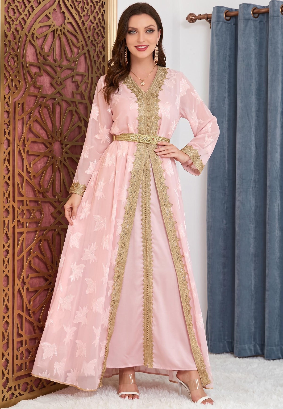 Elegant Moroccan Gold Embroidered Kaftan Abaya – Two-Piece Long Sleeve Maxi Dress with Inner Slip