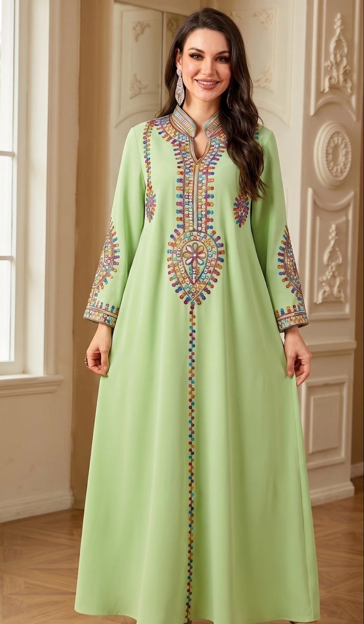 Handmade Women's Ethnic Embroidered Sequin Maxi Dress – Loose-Fit Muslim Kaftan Abaya Gown