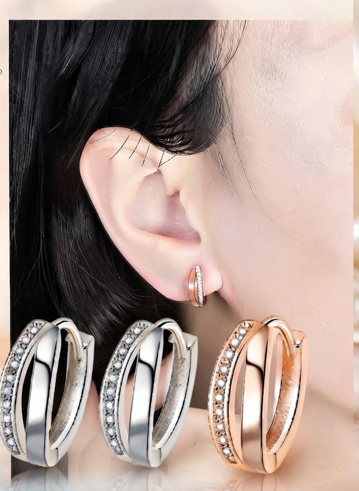 Crystal Huggie Hoop Double Layer Earrings 925 Sterling Silver Women Jewellery UK