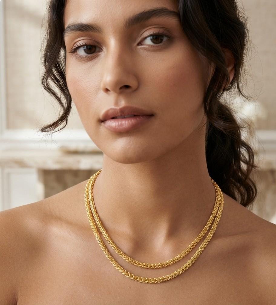 18K Gold Plated Rope Chain Necklace: Unisex Byzantine Style Choker (5mm)