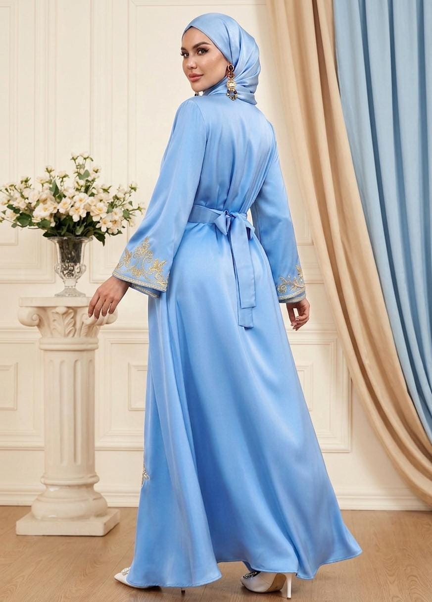 Handmade Moroccan Kaftan Dress Set – Two-Piece Satin Maxi with Gold Embroidery