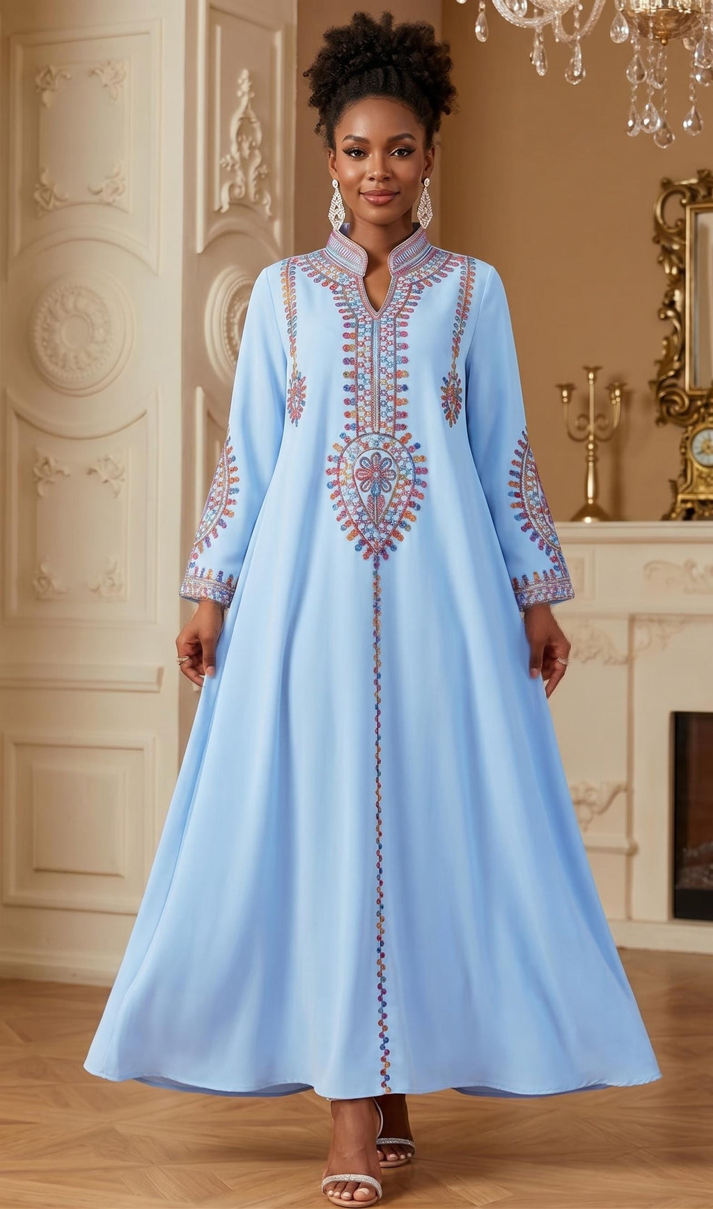 Handmade Women's Ethnic Embroidered Sequin Maxi Dress – Loose-Fit Muslim Kaftan Abaya Gown