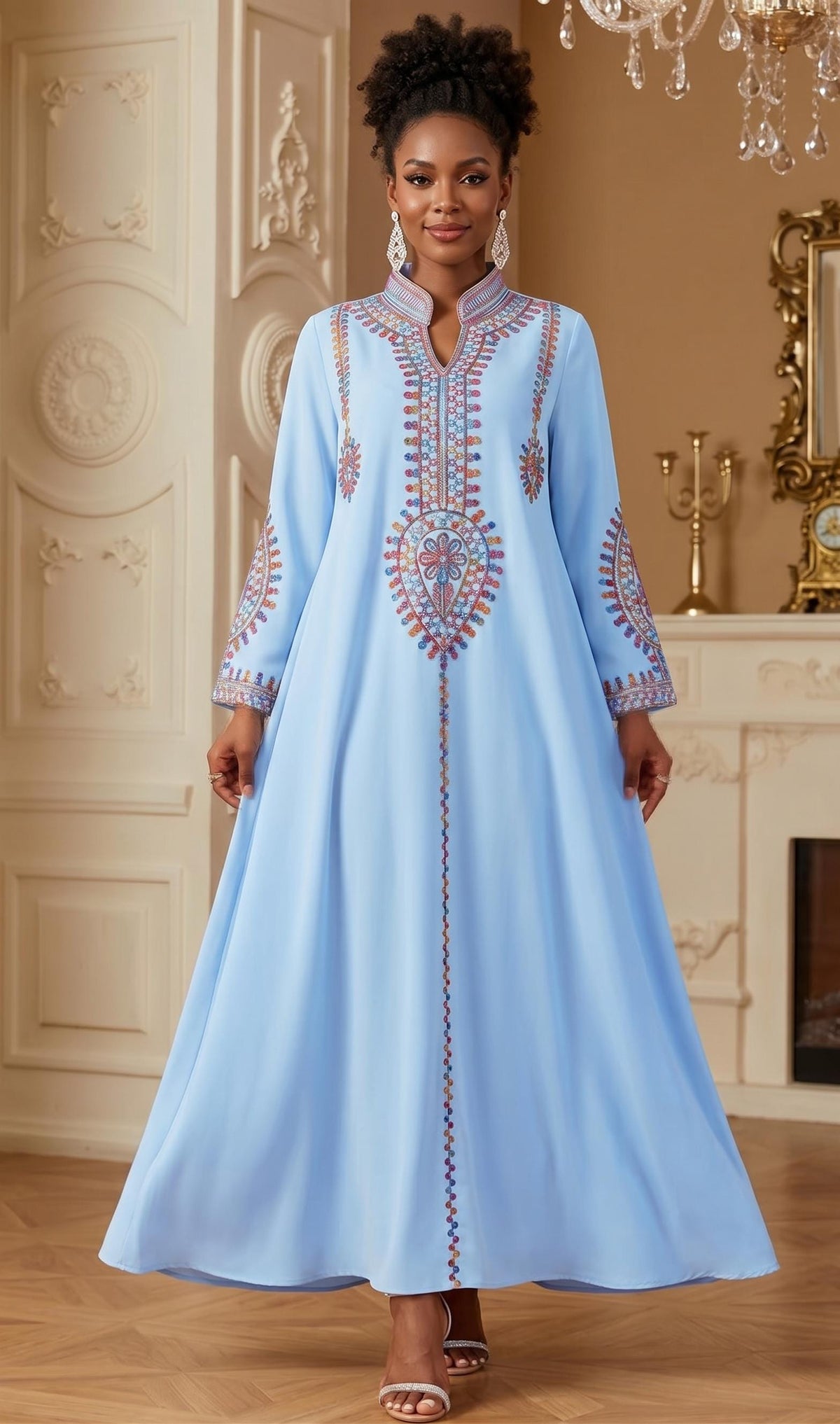 Handmade Women's Ethnic Embroidered Sequin Maxi Dress – Loose-Fit Muslim Kaftan Abaya Gown