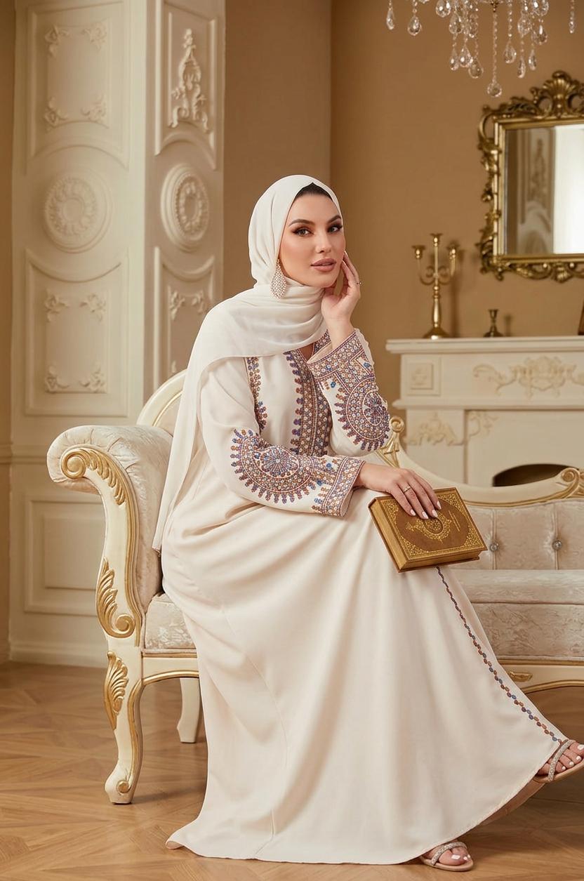 Handmade Women's Ethnic Embroidered Sequin Maxi Dress – Loose-Fit Muslim Kaftan Abaya Gown