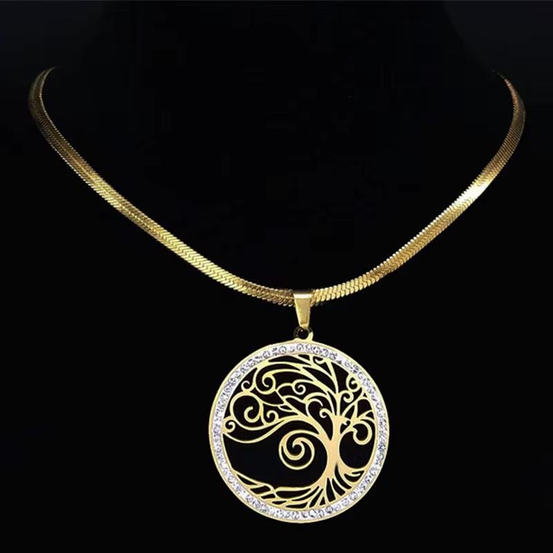 Tree of Life Crystal Choker Necklace: Gold Stainless Steel Pendant Jewelry