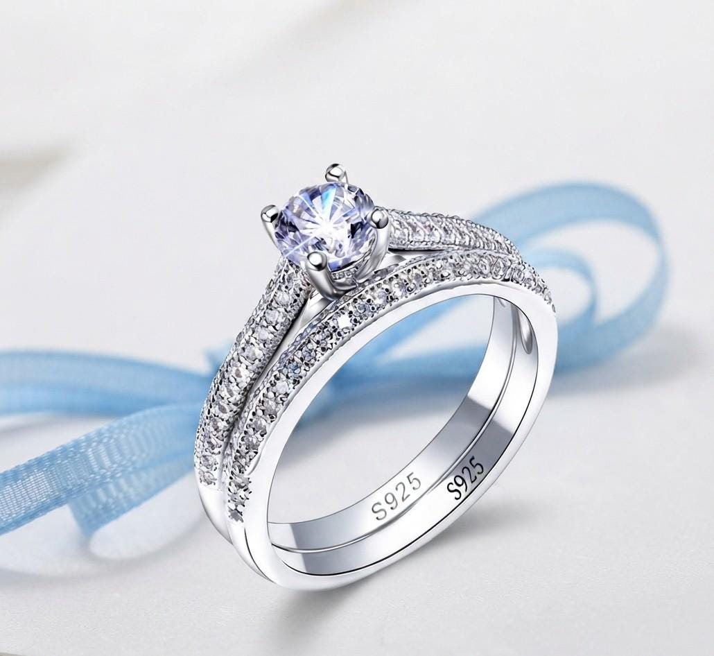 Vintage 925 Sterling Silver Halo Wedding Ring Set – Zircon Side Stones, Geometric Design